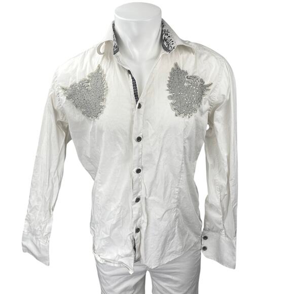 RNZ Premium Men's White Rhinestone Embroidered Long Sleeve Button Up Shirt Top M - Picture 1 of 7